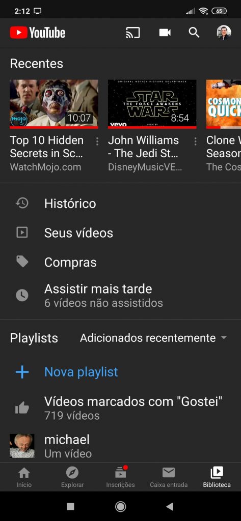 Como limpar seu histórico do youtube Acessando histórico do youtube no app