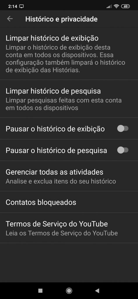 Como limpar seu histórico do youtube Tela de limpeza dos dados do youtube