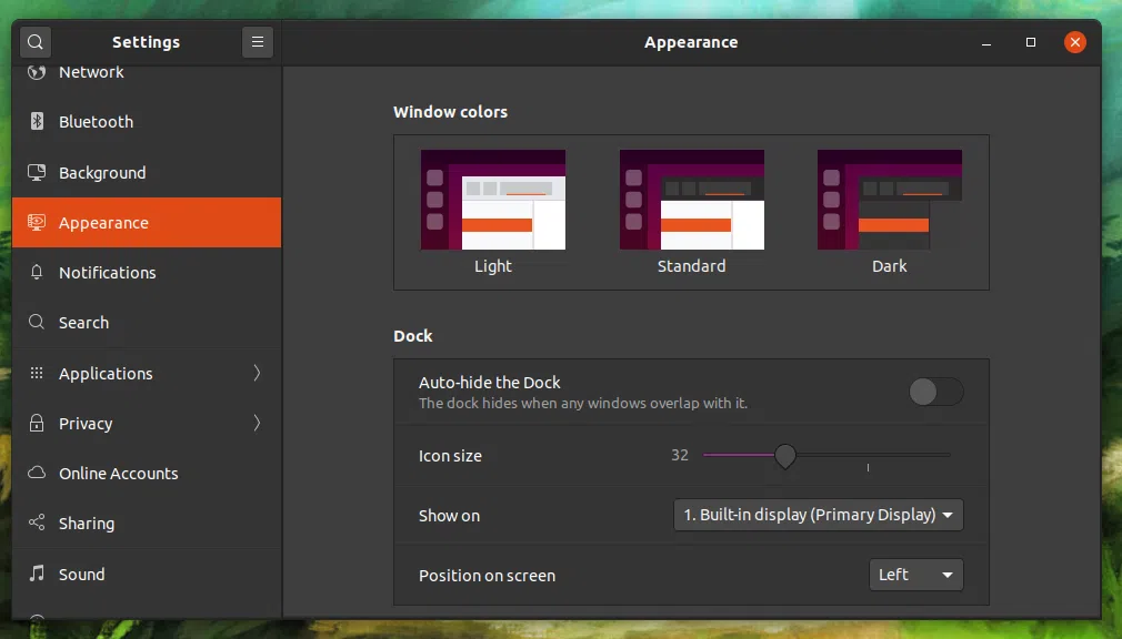 Review: ubuntu 20. 04 focal fossa é a evolução perfeita do sistema operacional Tela de configuração da aparência do desktop do ubuntu 20. 04