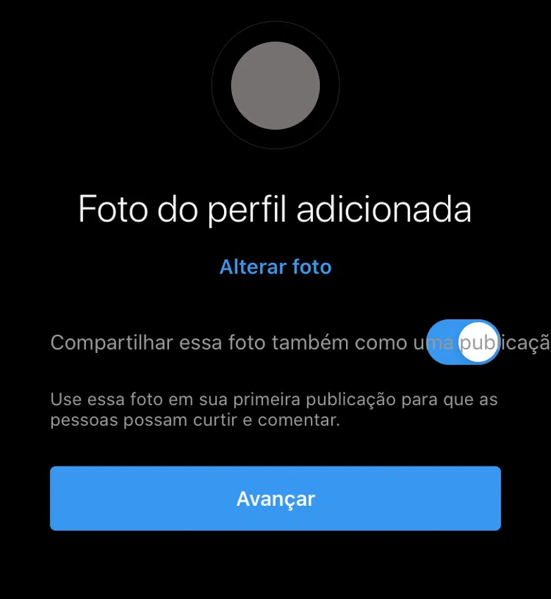 Como criar e adicionar uma segunda conta do instagram no smartphone Concluída etapa de foto do perfil