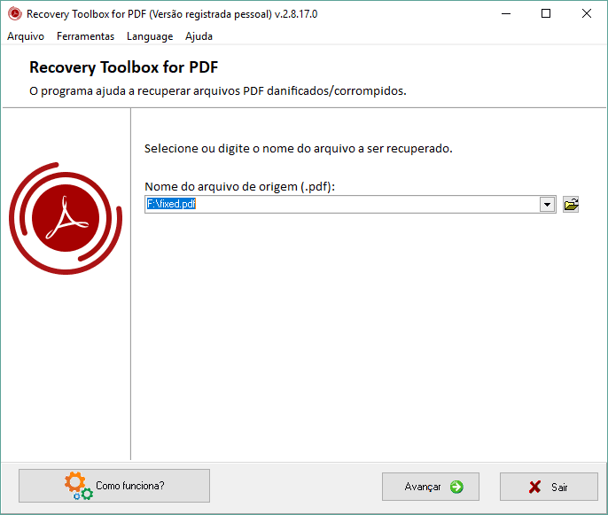Conheça três formas de recuperar um arquivo pdf danificado Tela do recovery toolbox for pdf, para inserir o nome do arquivo em uma barra