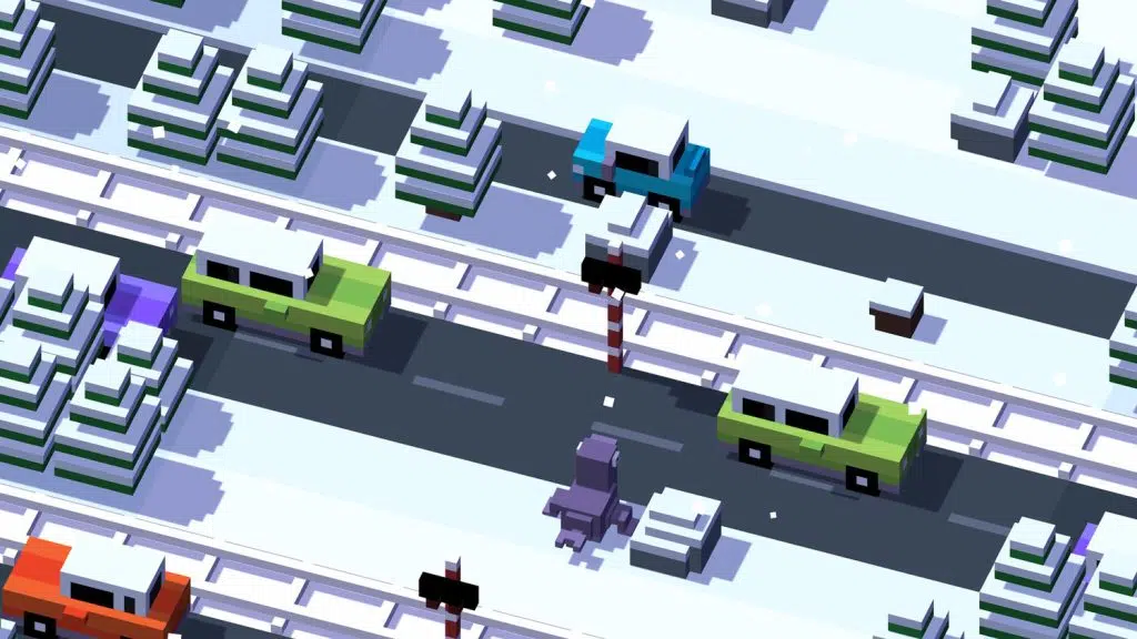 Os melhores jogos de videogame para crianças de todas as idades Pássaro tenta atravessar uma rua de crossy roads.