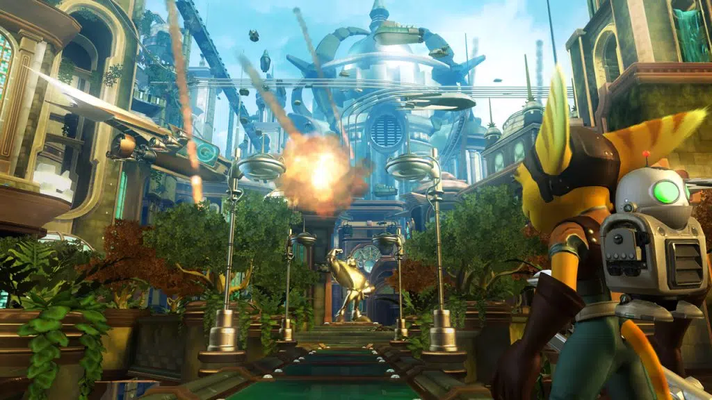 Os melhores jogos de videogame para crianças de todas as idades Ratchet e clank em um dos cenários do jogo.