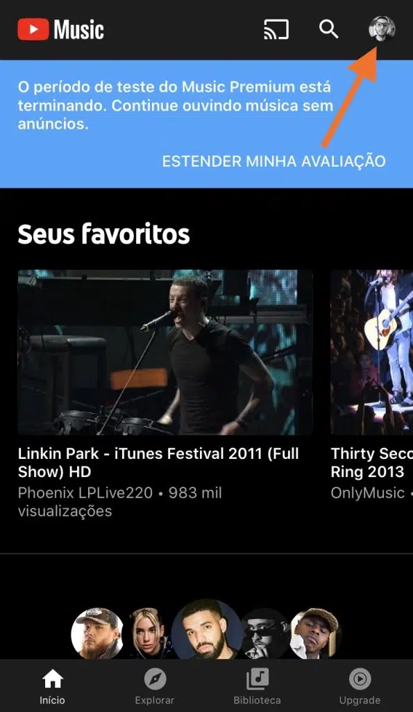 Como transferir suas músicas do google play música para o youtube music Tela do app do youtube music