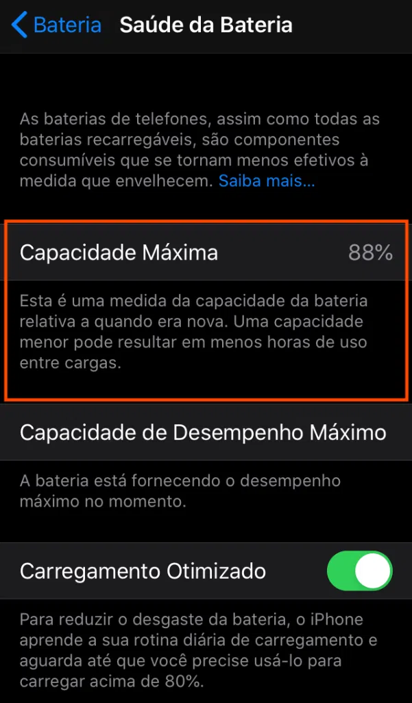 Verifique a saúde da bateria do iphone, conferindo os ciclos de carga .
