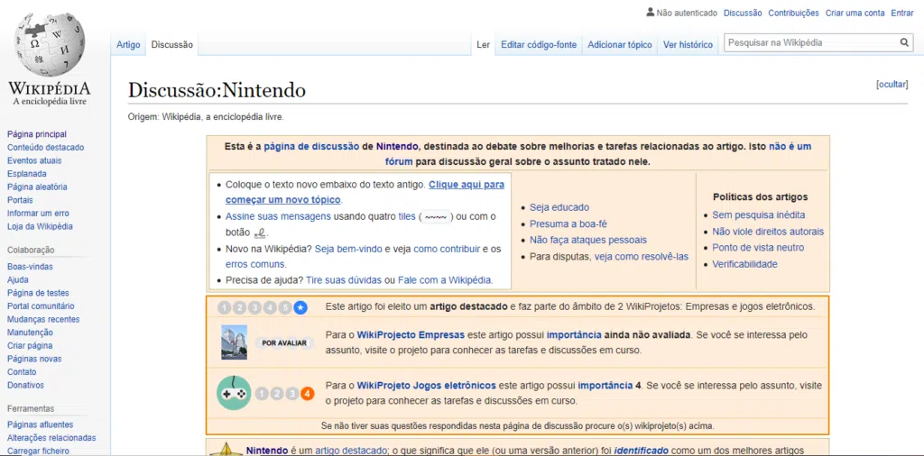 A wikipedia é confiável? Veja como usá-la na busca por informação Página da wikipedia da nintendo, aba discussãi