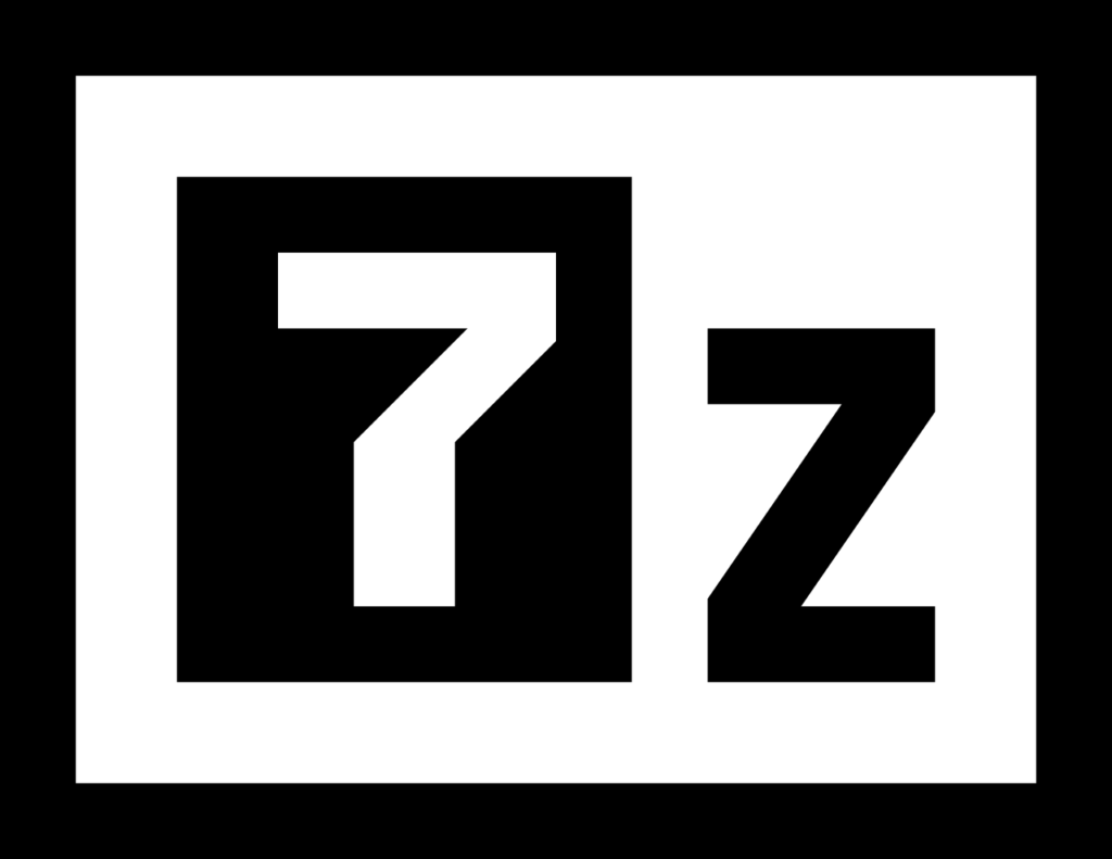 Imagem do ícone do software gratuito 7-zip, em preto e branco representando um 7 e um z