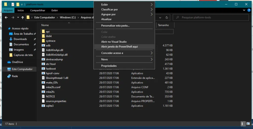 Aprenda a instalar e usar o adb do android no windows Abrindo uma janela do powershell