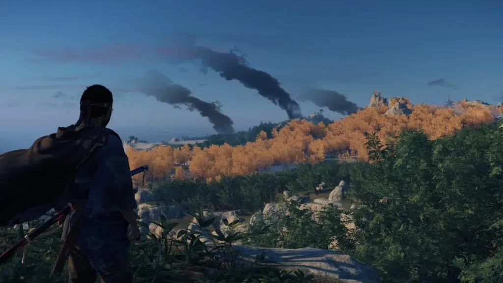 Review: ghost of tsushima, o incrível último jogo exclusivo do playstation 4 Jin avista três focos de fumaça no horizonte.