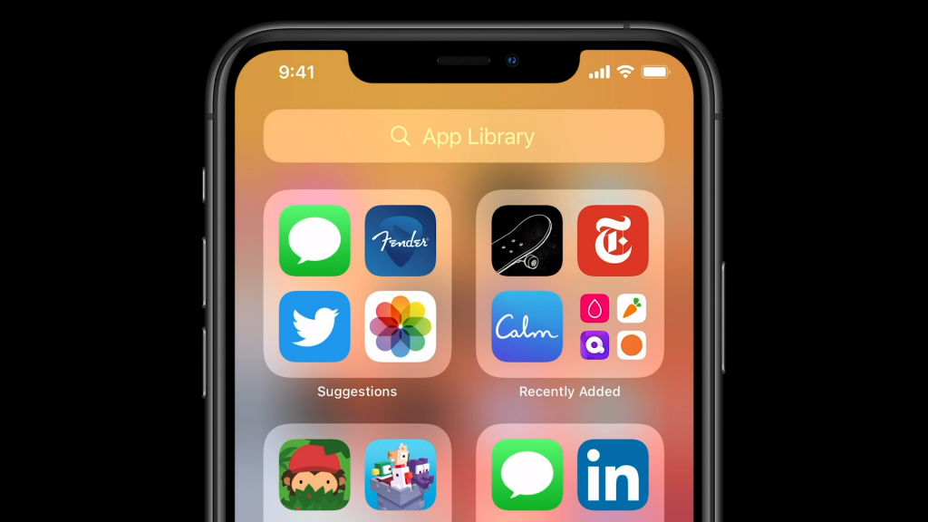 Imagem aproximada de um iphone exibindo as categorias sugestões e adicionados recentemente da biblioteca de apps.