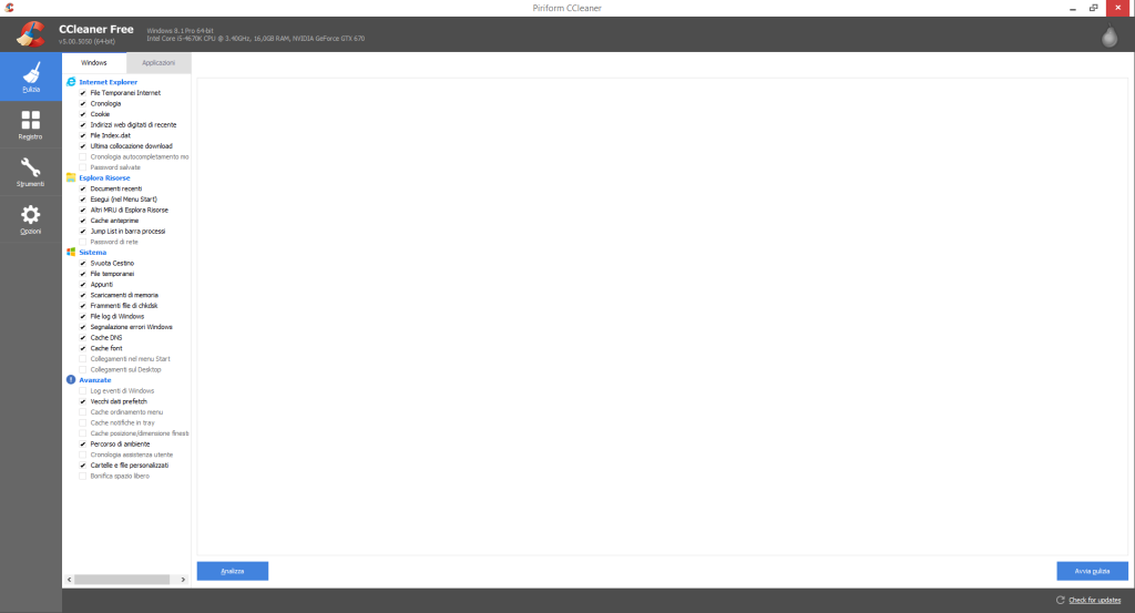 Captura de tela mostrando a interface do programa ccleaner, com a barra de ferramentas posicionada ao lado esquerdo em cinza e o meio branco sem nada selecionado