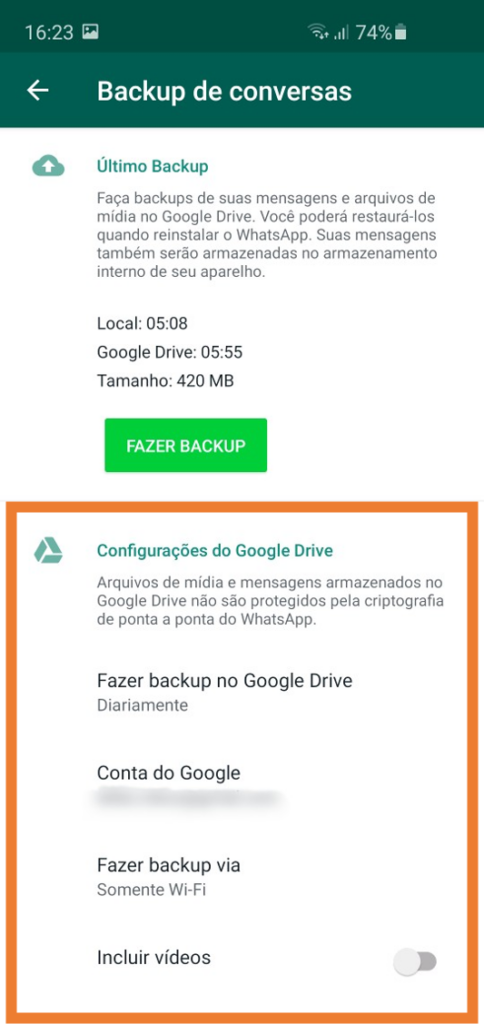 Ativando backup no google drive - passo 4
