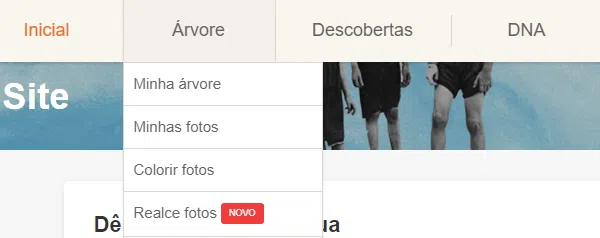 Tutorial: aprenda a restaurar fotos antigas instantaneamente Parte superior do cabeçalho do site myheritage, apontando a categoria minha árvore e as subcategorias que se desenrolam dela