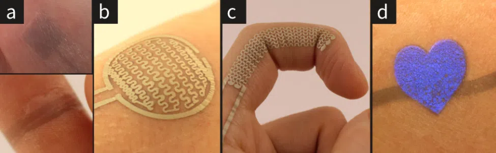 Google erstellt ein intelligentes Tattoo, das als Touchpanel fungiert Fünf Bilder, die durch Blöcke von a bis d unterteilt sind, und a hat zwei Bilder. In a zwei sehr undurchsichtige und kleine Tattoos auf dem Zeigefinger, in b ein Design, das an einen Tennisschläger erinnert, in c ein Design, das wie ein Kettenhemd aussieht, und in d ein leuchtendes blaues Herz