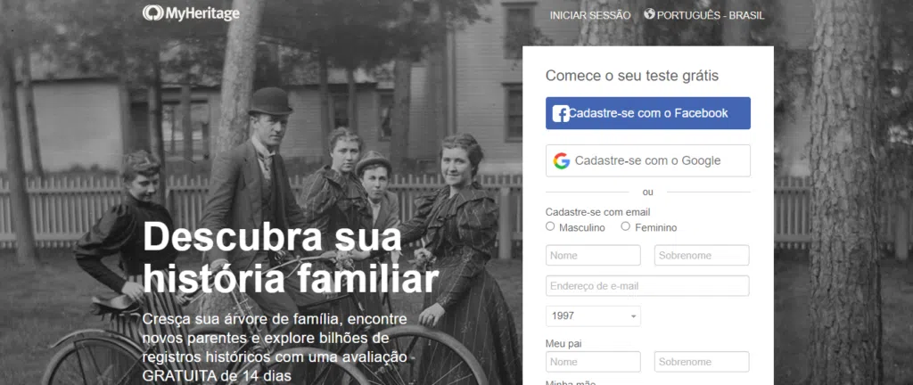 Tutorial: aprenda a restaurar fotos antigas instantaneamente Cadastro no site myheritage pela própria plataforma, na parte inferior, branca, ou pelo facebook e pelo google, na parte superior, azul e branca, respectivamente