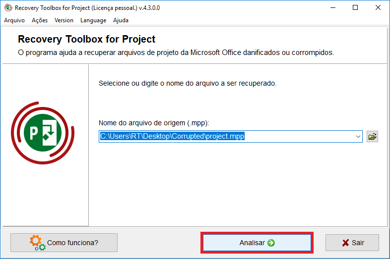 Conheça o recovery toolbox for project, programa que restaura arquivos do microsoft project Tela do recovery toolbox for project