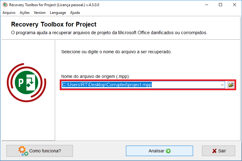 Conheça o recovery toolbox for project, programa que restaura arquivos do microsoft project Tela do recovery toolbox for project