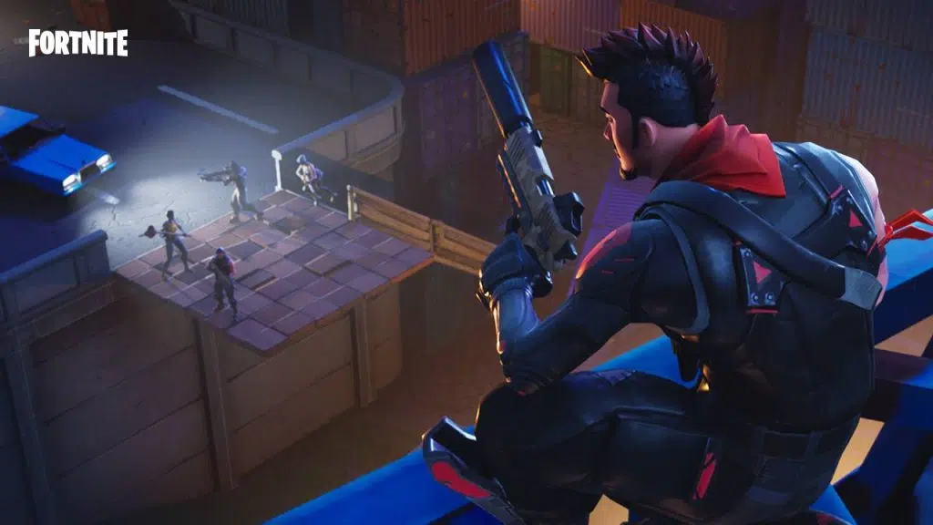 Fortnite: tudo o que você precisa pra começar a jogar e detonar! Uma personagem solitária com uma pistola de fortnite observa do alto enquanto um esquadrão de quatro pessoas fica parado em cima de uma construção