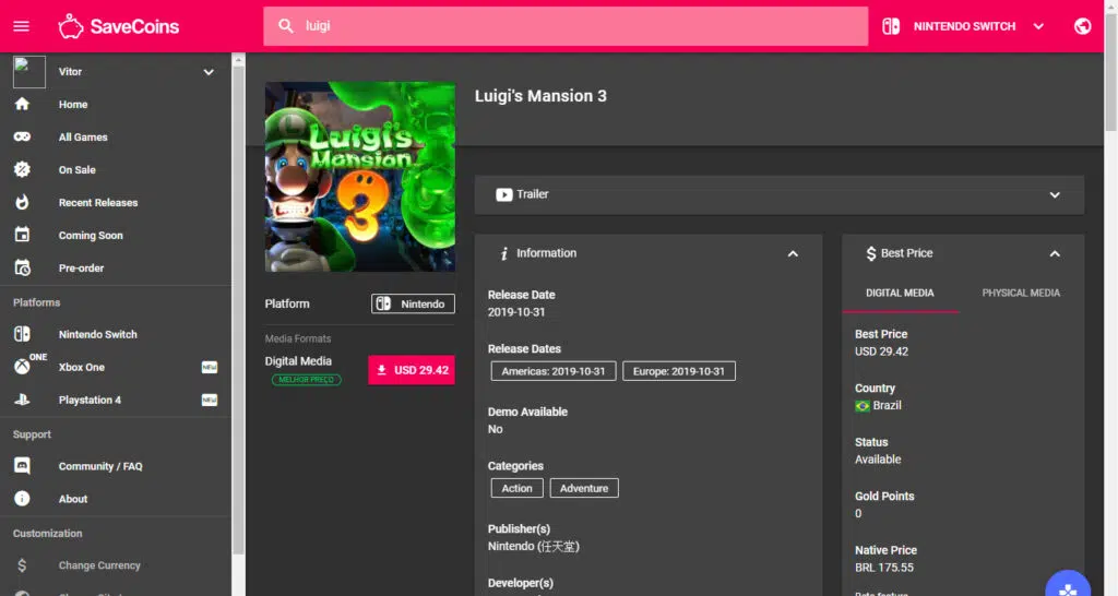 Nintendo switch: dicas para economizar com os jogos Captura da página savecoins.