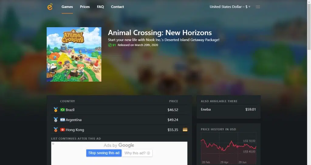 Nintendo switch: dicas para economizar com os jogos Captura de tela do e-shop prices.