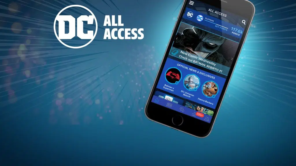 Os melhores aplicativos para ler quadrinhos no celular ou tablet Plano de fundo azul com o logo da dc em cima e um celular à direita mostrando a interface de usuário do aplicativo dc universe, dando ênfase numa publicação nova do batman