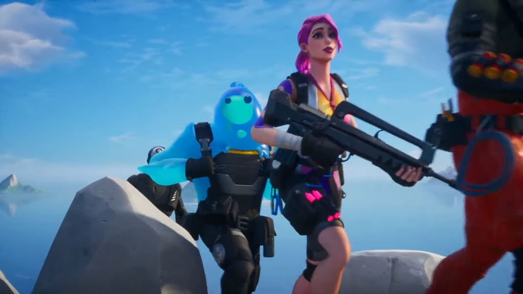 Duas personagens de fortnite armadas com rifles andando numa colina, uma moça de cabelo roxo na frente e uma criatura que parece uma geleia azul atrás