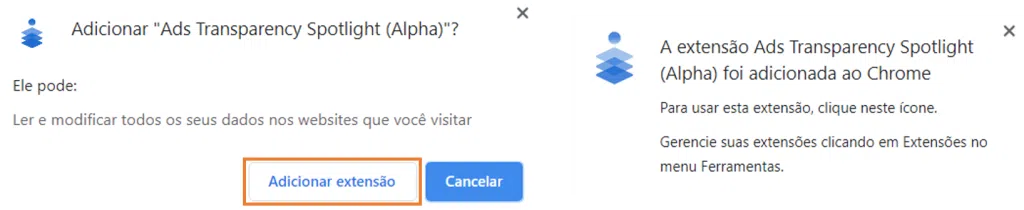 תוסף Google Chrome מבטיח שקיפות רבה יותר במודעות תיבה כתומה מציינת אפשרות "הוספת הרחבה" ואישור התקנה בדפדפן.