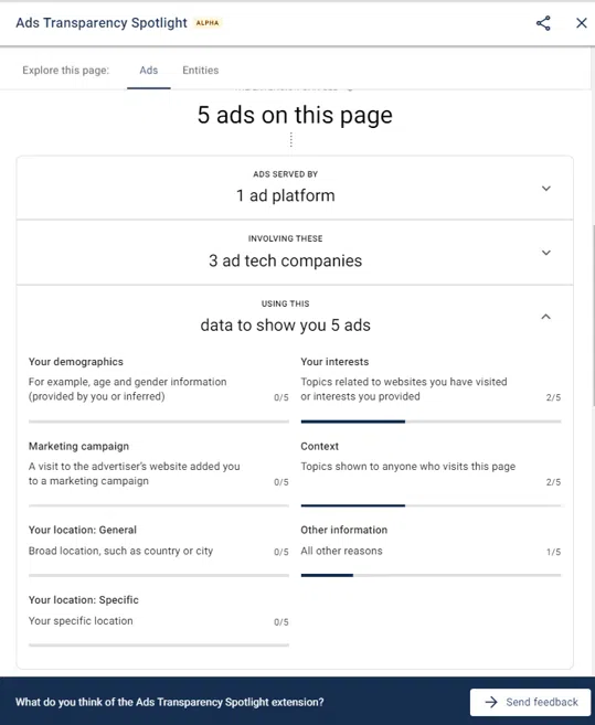 תוסף Google Chrome מבטיח שקיפות רבה יותר במודעות מסך הרחבה המציין מידע על מודעות, כגון הסיבות לכך שהמודעות הללו מוצגות למשתמש.