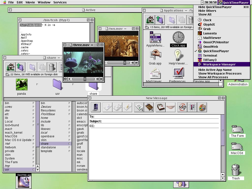 Foto de uma captura de tela do sistema operacional macos server 1. 0, da apple. Várias telas estão abertas. No topo superior, um menu.