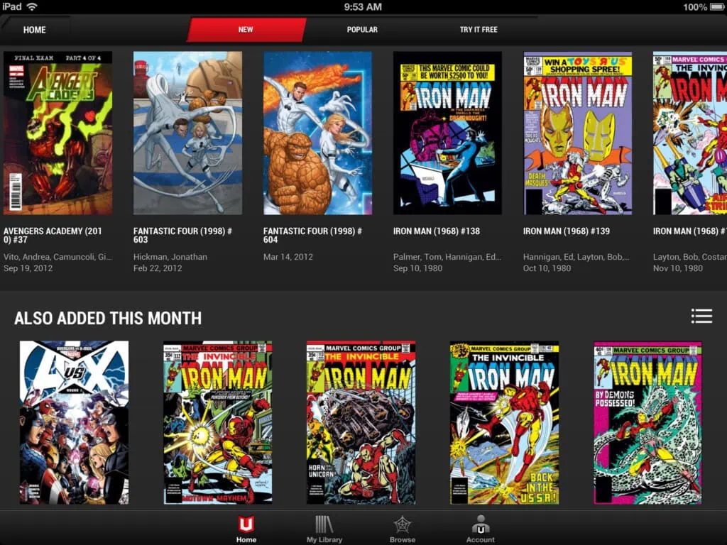 Die besten Apps zum Lesen von Comics auf Ihrem Telefon oder Tablet Das Bild zeigt, wie die unbegrenzte Comic-Reader-Bibliothek von Marvel auf dem iPad funktioniert, mit zwei Zeilen verfügbarer Titel, Verknüpfungen zur Bibliothek, zum Suchen von Comics oder zum Benutzerprofil