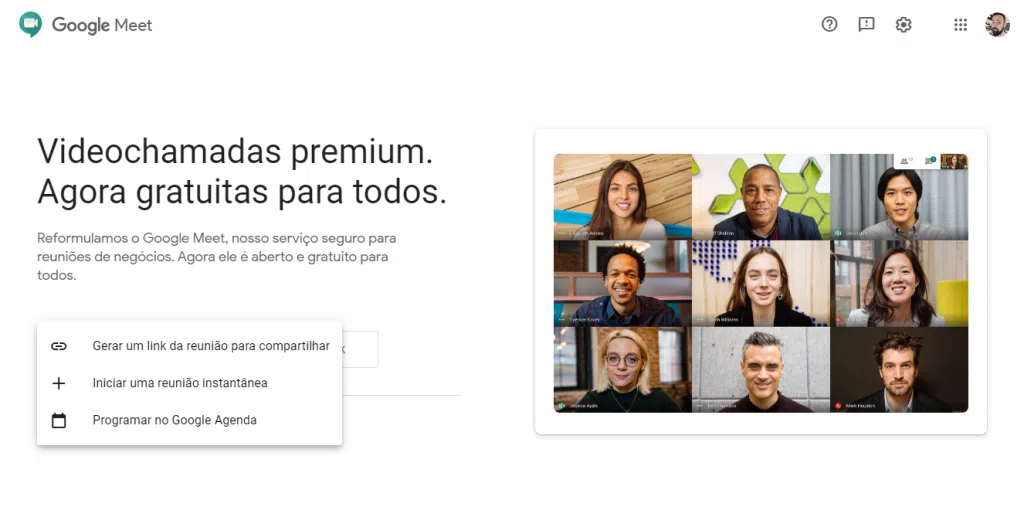 Como usar o google meet e tirar o máximo de suas reuniões virtuais As opções principais permitem o compartilhamento de link, o agendamento por google agenda e o início direto da conferência (captura de imagem: rafael arbulu/showmetech)
