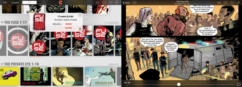 Os melhores aplicativos para ler quadrinhos no celular ou tablet Visualização do aplicativo chunky comic reader e como os quadrinhos na biblioteca se parecem, com duas linhas de títulos e uma terceira com sugestões, enquanto que ao lado na mesma imagem há uma visualização de como o quadrinho em si fica durante a leitura