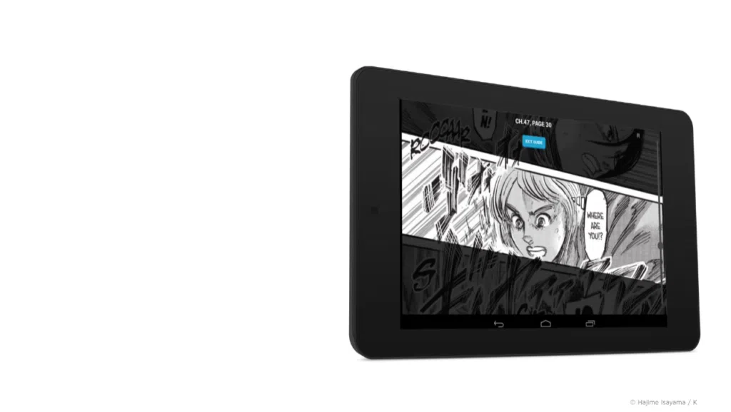 Os melhores aplicativos para ler quadrinhos no celular ou tablet Imagem de fundo branco mostra um exemplo de tablet na horizontal com cenas do mangá de shingeki no kyojin de exemplo