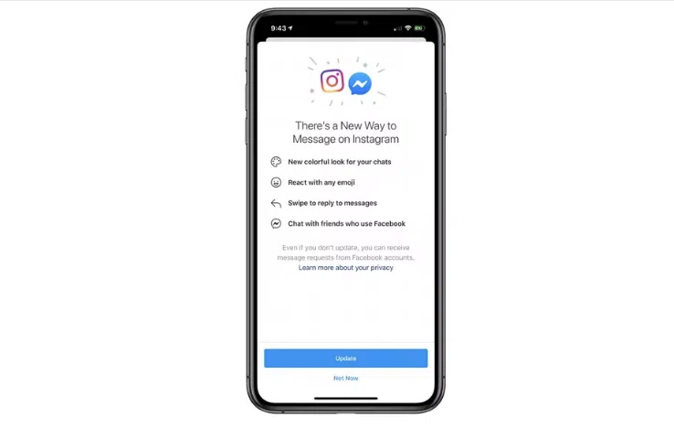 Facebook hat ein Update auf Instagram beworben, das die Integration zwischen privaten Nachrichten im Netzwerk mit Messenger einleitet (Bild: Reproduktion/The Rande)