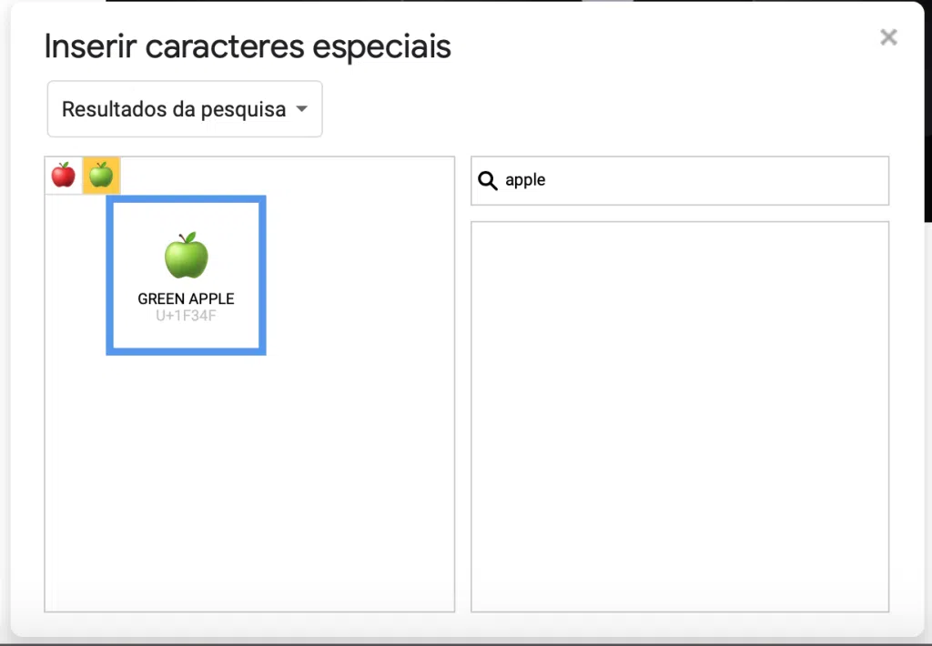 Explore os símbolos do google docs e do word de forma prática Captura de tela do quadro caracteres especiais do google docs. À esquerda, o símbolo de uma maçã verde em destaque. À direita, a caixa de busca com a palavra apple.