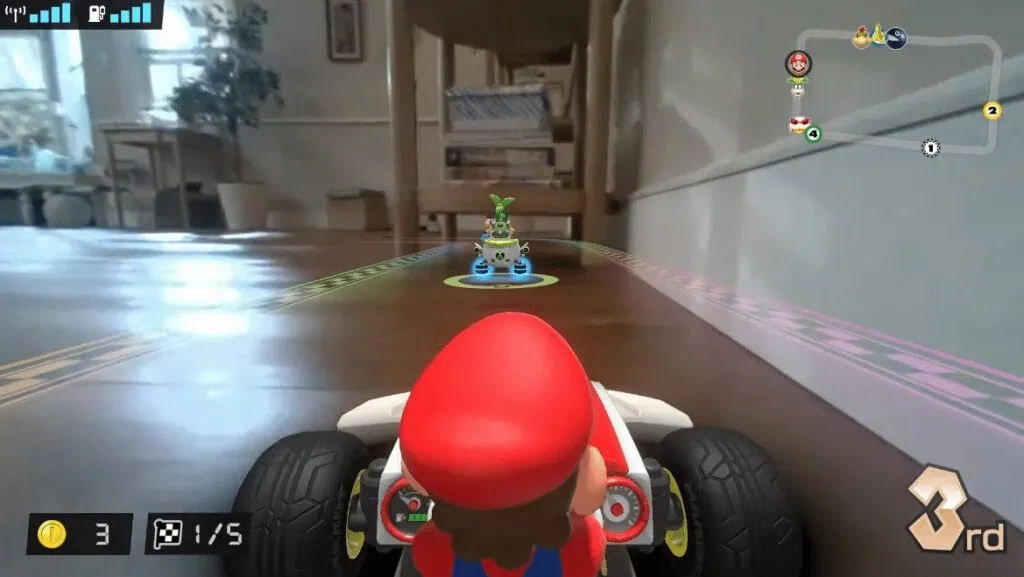 Nintendo anuncia super mario 3d all-stars para o switch, e mais novidades Captura de tela do novo mario kart, onde o jogador assumirá o controle de um carrinho de verdade e a pista será na sua casa
