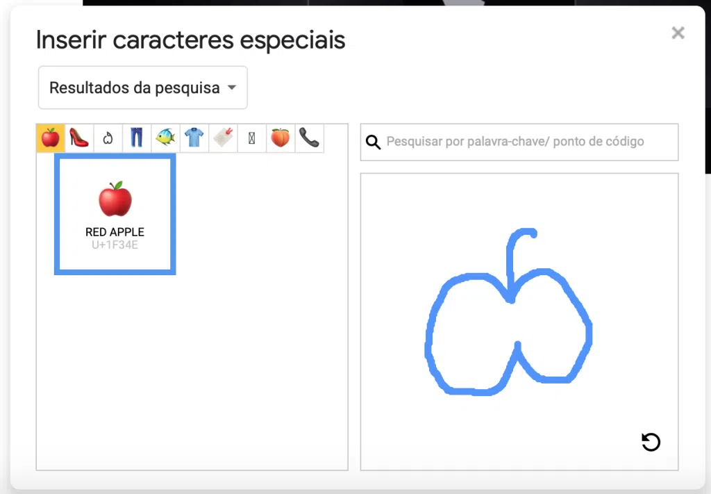 Explore os símbolos do google docs e do word de forma prática Captura de tela do quadro caracteres especiais no google docs. À esquerda, a caixa de busca filtra resultados de símbolos correspondentes ao desenho de maçã feito no espaço em branco à direita.