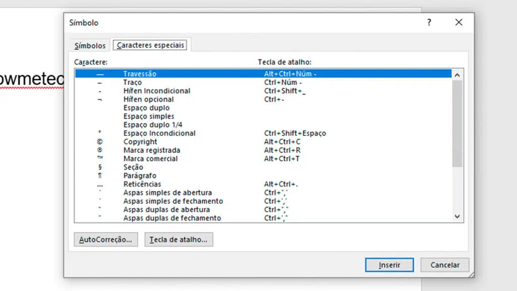 Explore os símbolos do google docs e do word de forma prática Captura de tela da janela símbolos, aberta na aba caracteres especiais.