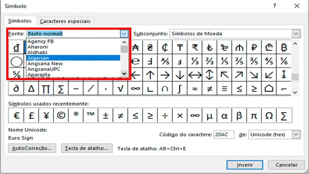 Explore os símbolos do google docs e do word de forma prática Captura de tela da janela símbolos no microsoft word. Em destaque, a caixa de seleção fonte.