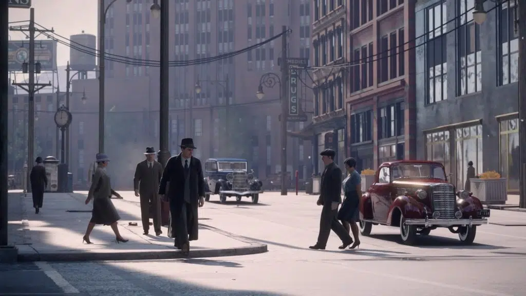 Review: mafia: definitive edition, nova roupagem para um jogo antigo Pessoas andando e carros na rua de lost heaven.