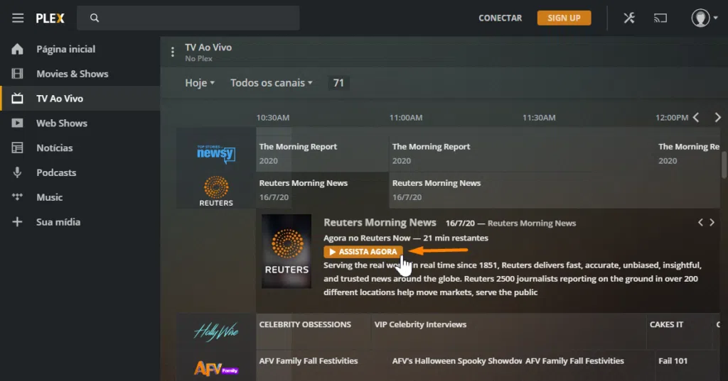 Como assistir tv ao vivo no computador ou console de videogame com o plex Print de tela ensinando como assistir tv ao vivo usando o plex
