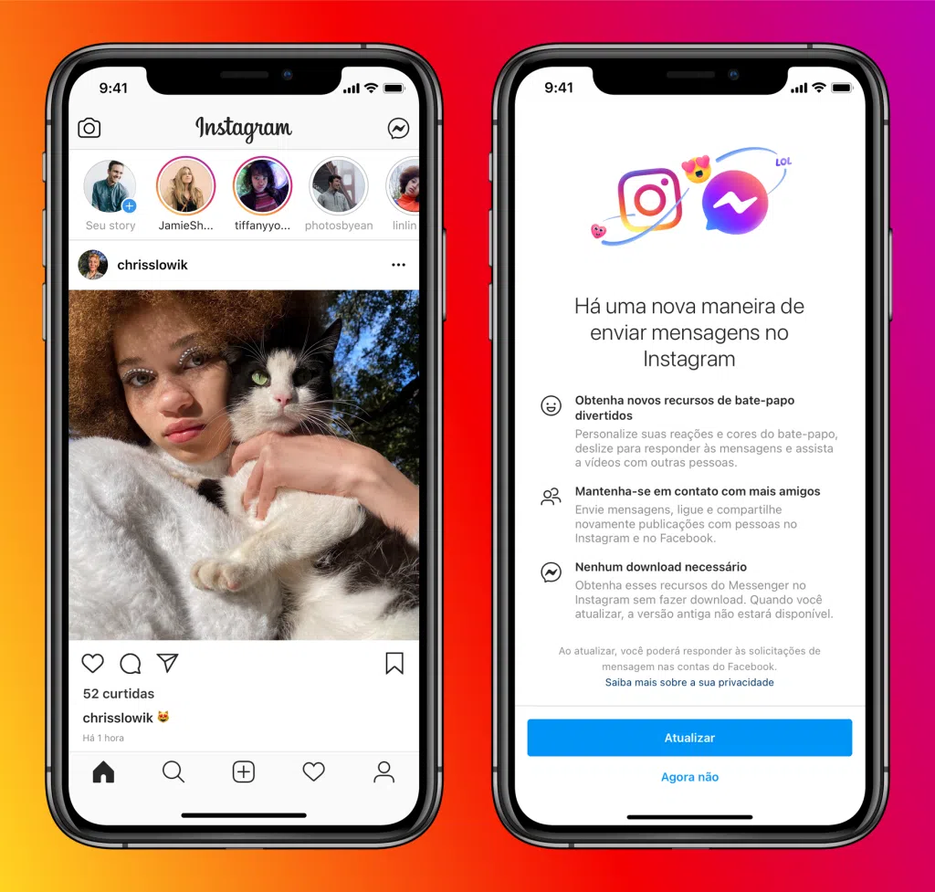 Facebook começa a integrar dms do instagram e messenger Iphones mostrando integração entre instagram e messenger