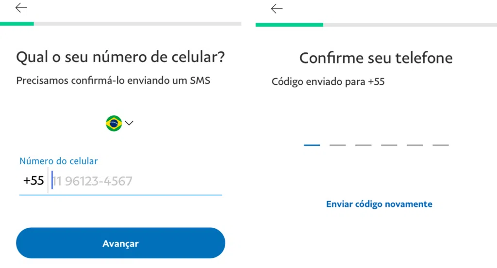 Como usar o paypal no brasil Tela para inserir número do celular e código de confirmação.