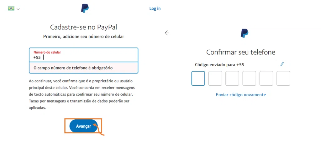 Como usar o paypal no brasil Tela para inserir número de celular e confirmação sms para o cadastro