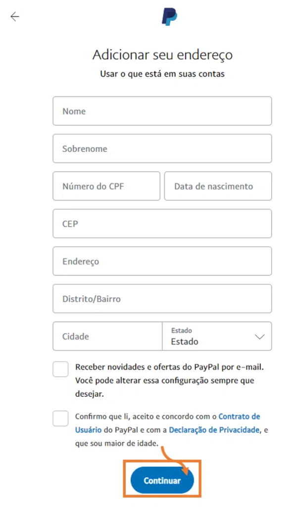 Como usar o paypal no brasil Tela de formulário do paypal para informar dados pessoais.