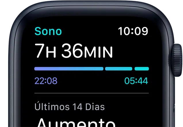 Review: apple watch series 6 segue evoluindo e conquistando Tela de análise do sono mostrando que o usuário dormiu 7 horas e 36 minutos na última noite, entre 22:08 e 05:44, e que nos últimos dias houve aumento na quantidade de horas dormidas.