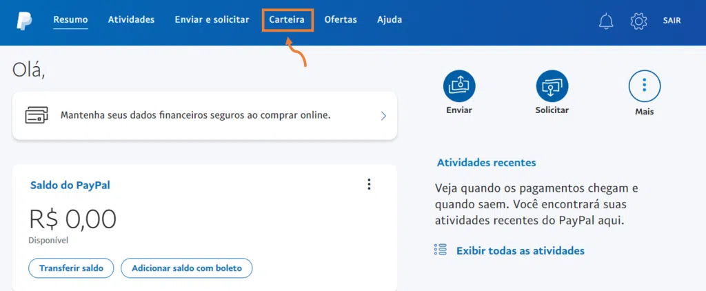 Como usar o paypal no brasil Tela indicando "carteira" para inserir dados financeiros