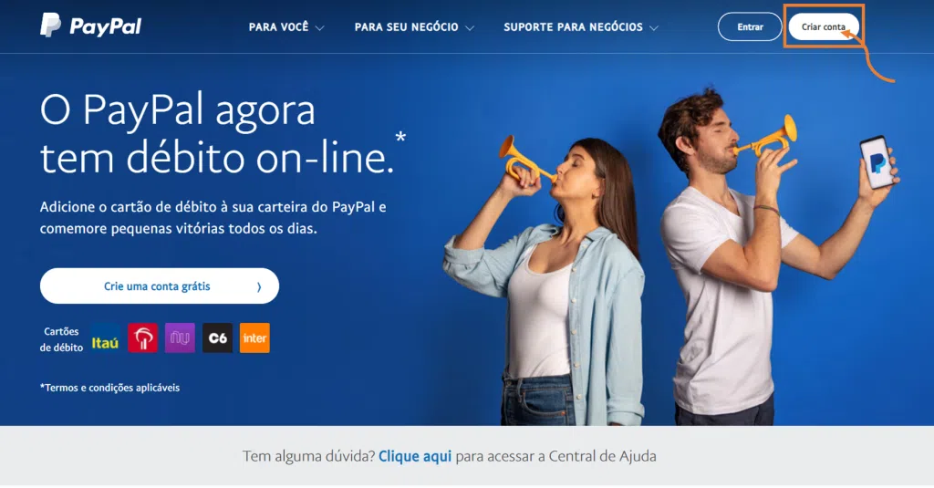 Como usar o paypal no brasil Tela do site paypal indicando como criar conta.