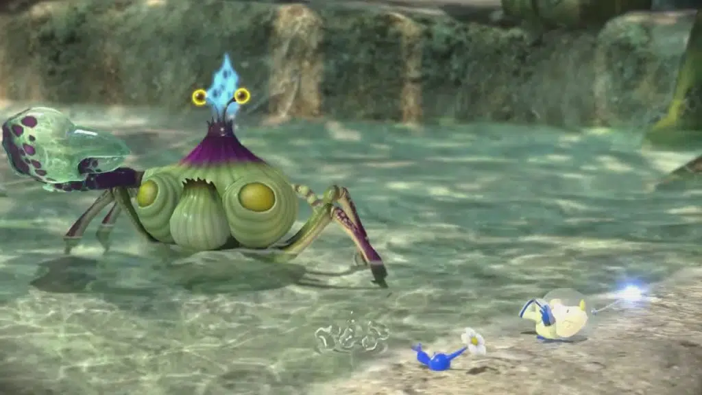 Review: pikmin 3 deluxe, um jogo estrategicamente divertido Alguns pikmin são derrotados por um inimigo caranguejo.