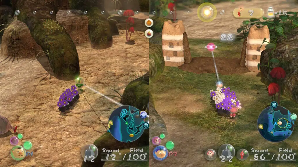 Review: pikmin 3 deluxe, um jogo estrategicamente divertido Tela do modo multiplayer de pikmin 3 deluxe.